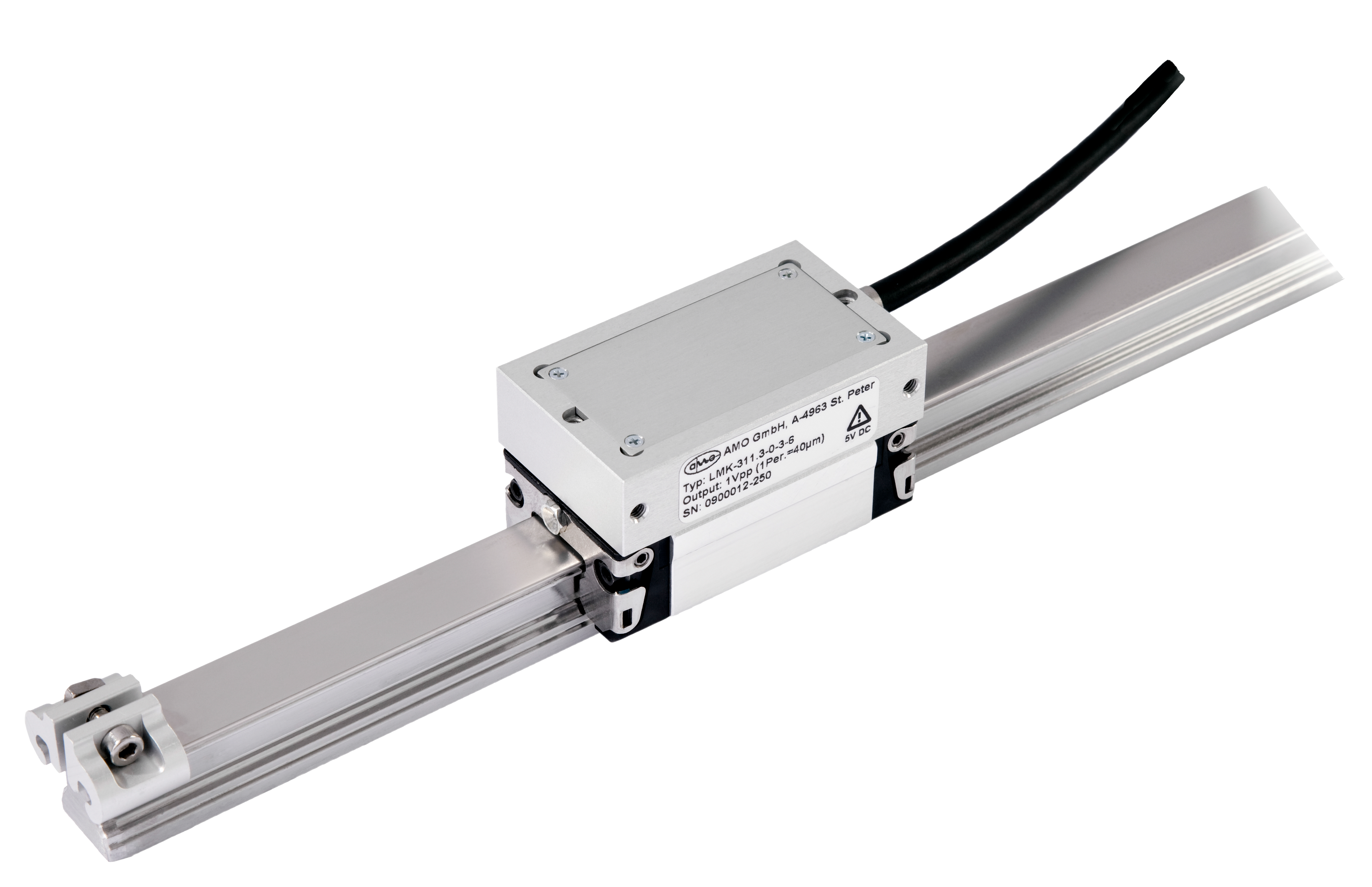 Acu-Rite LMF 9310 Inductive Encoder, a measuring device with a metallic body and a small digital display, mounted on a slim-profile rail.