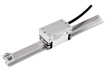 Acu-Rite LMF 9310 Inductive Encoder, a measuring device with a metallic body and a small digital display, mounted on a slim-profile rail.