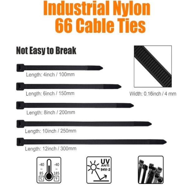 Heavy Duty Black Zip Ties, Assorted Sizes 4/6/8/10/12 Inch 0.16 Width