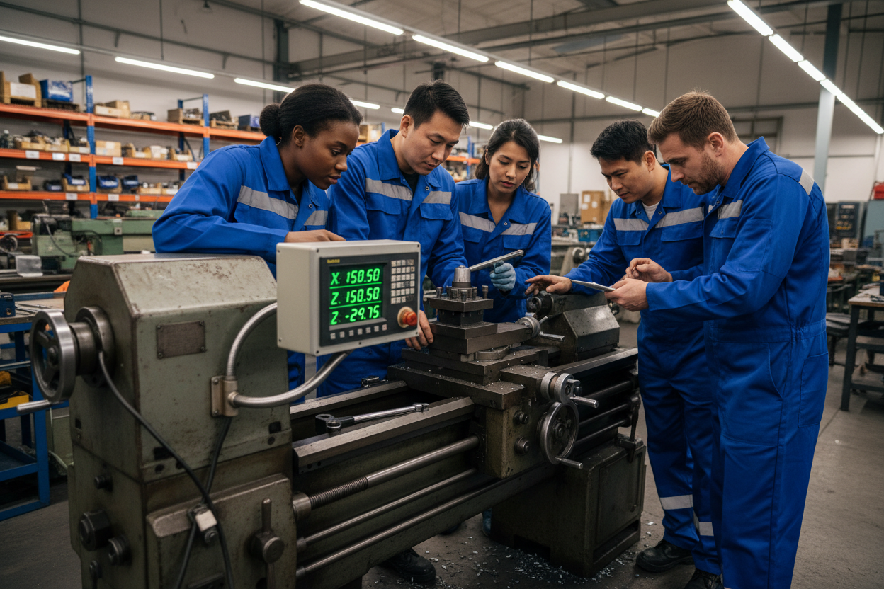 Diverse Technicians on Lathe with DRO
