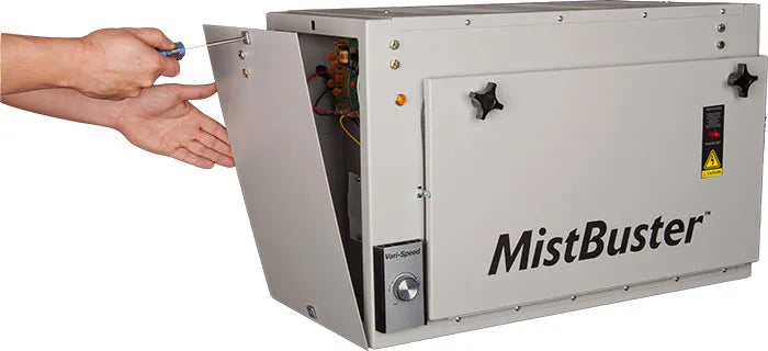 MistBuster 500 00484-G - side view showing inlet opening and cabinet dimensions