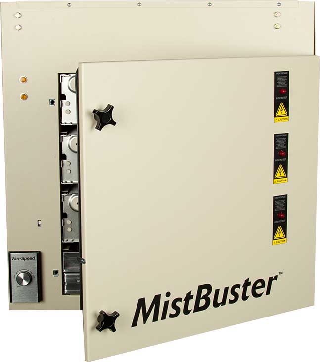 MistBuster 850 00486-W - side view showing inlet opening and cabinet dimensions