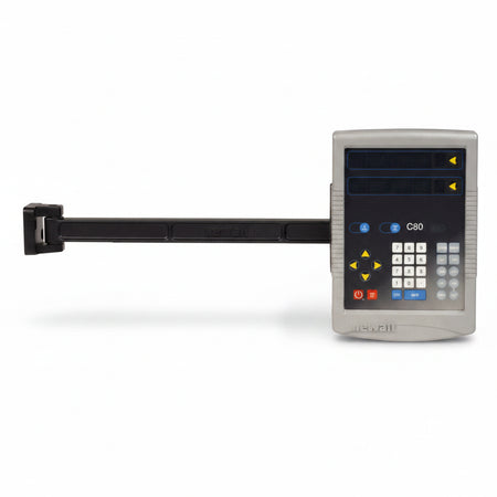 A handheld industrial control panel or remote with a long black arm, shown on a plain white background. The faceplate is light gray, with a dark screen, numeric keypad, directional buttons, and small colored icons.