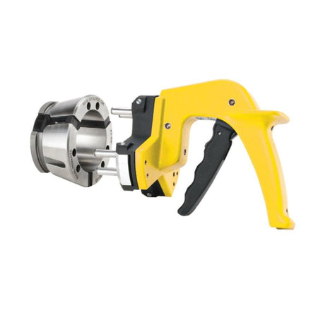 Royal Quick-Grip Collet Installation Tool 44098, side view of yellow manual tool with pins at the face of a metal collet