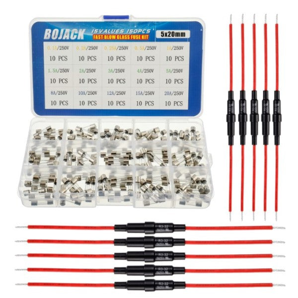 BOJACK - 150 Pcs, 15 Values, 5x20mm, Fast Blow Glass Fuse Kit with 16 AWG Red Wire - BJ-FH