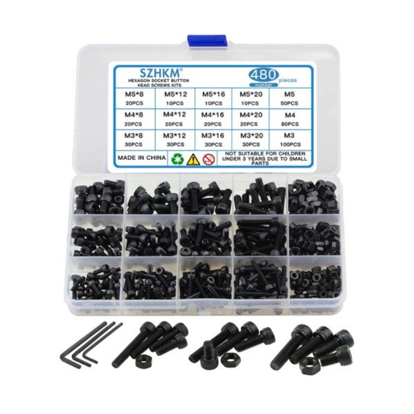 480Pcs, Grade 12.9, Hexagon Socket Button Head Screws, Nuts, and Bolts Assortment Kit, M3 M4 M5 - BT15-PB15-YB15